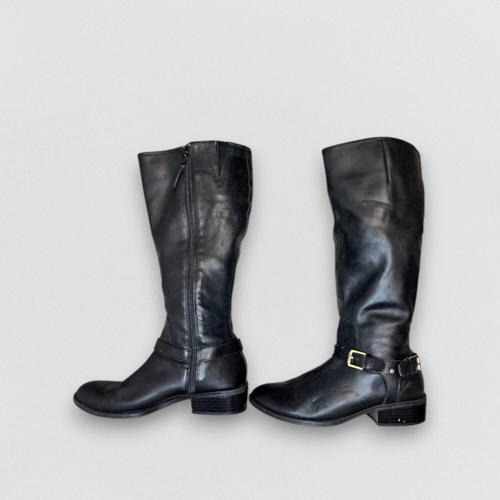 Black Leather Tall Riding Boots Gold Buckle Side Zip Women's Size 7B - Picture 4 of 6